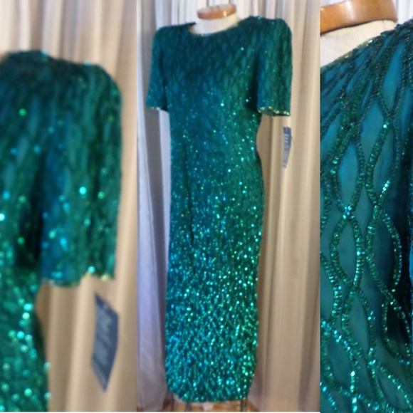 NWT Lady XL Silk Teal Long Gown Sequins Bead Dress - Picture 4 of 8